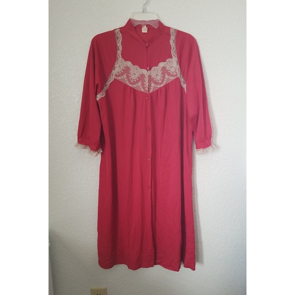 Vintage Red Texsheen Lacey long sleeve Lingerie Long Robe Nightgown Size L Used